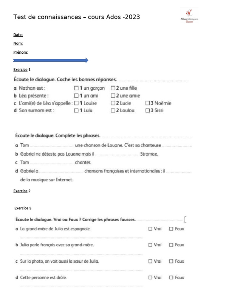 Test de connaissances pour ados 2023 | PDF