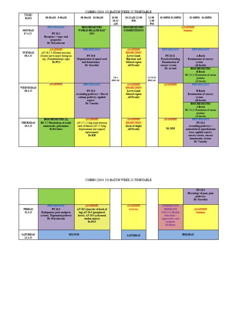 Week 22 MBBS Timetable 2024-25 | PDF | Anatomy | Human Leg