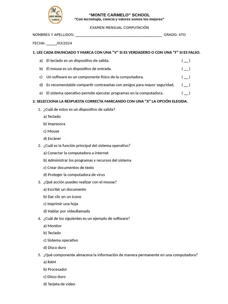 Examen Mensual de Computación 4to Grado | PDF | Periférico | Hardware ...