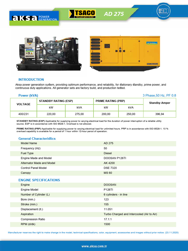 Doosan AD 275 Generator Specifications | PDF | Electric Generator