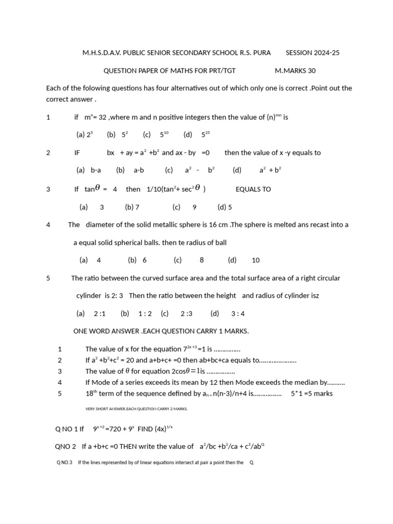 PRT/TGT Maths Question Paper 2024-25 | PDF | Sphere | Equations