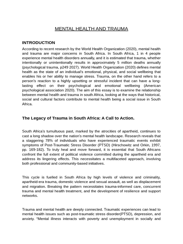 Mental Health and Trauma in South Africa | PDF | Psychological Trauma ...