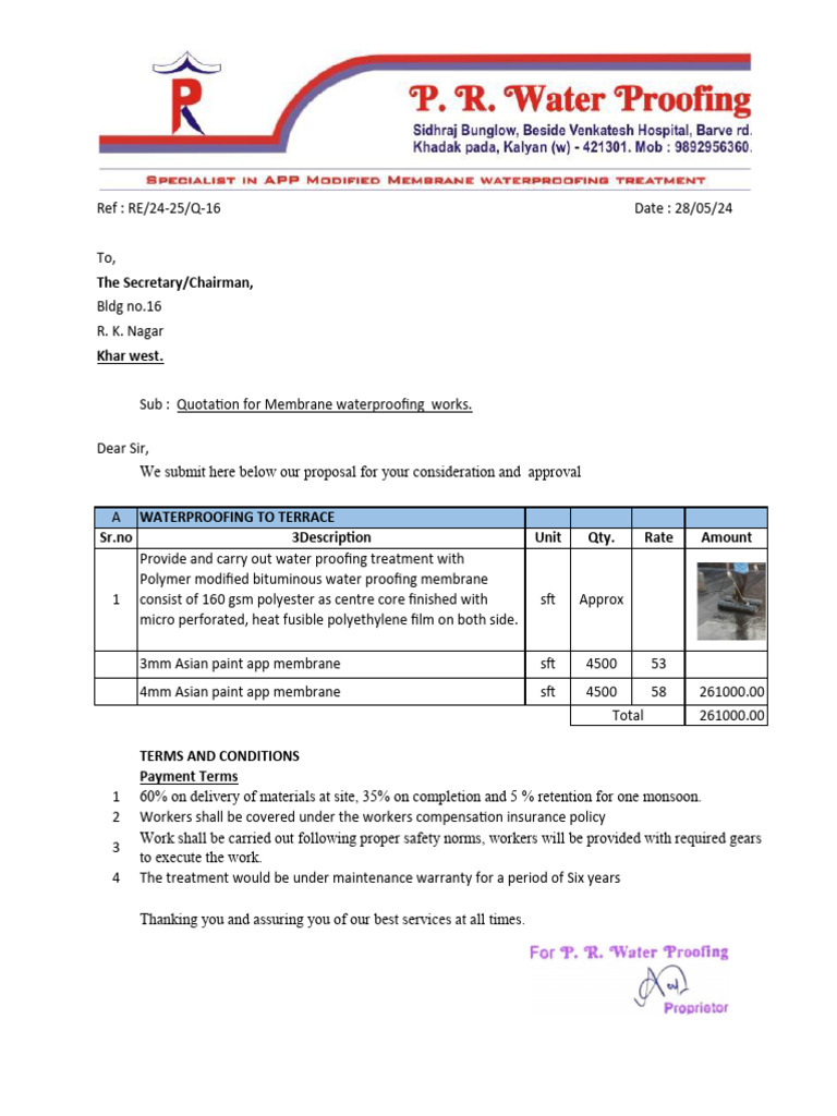 Membrane Waterproofing Quotation | PDF