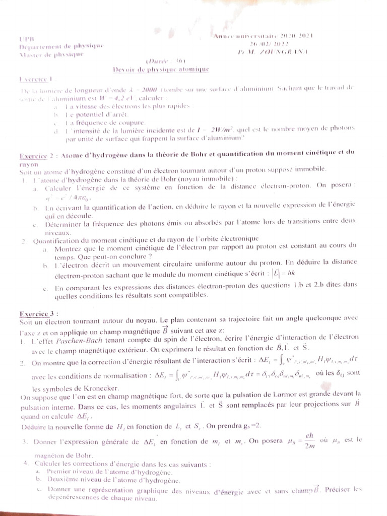 Devoir de physique atomique et quantique | PDF | Atomes | Photon