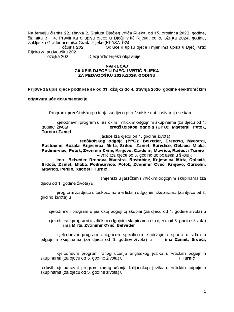 Objava Natjecaaj Za Upis Djece - 2025.-2026 | PDF