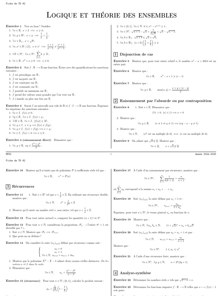 Logique et Ensembles : Exercices TD 2 | PDF | Inclusion (mathématiques ...