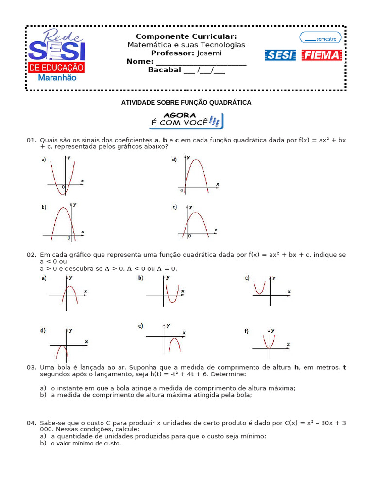 Atividade sobre Função Quadrática | PDF | Álgebra abstrata | Análise ...