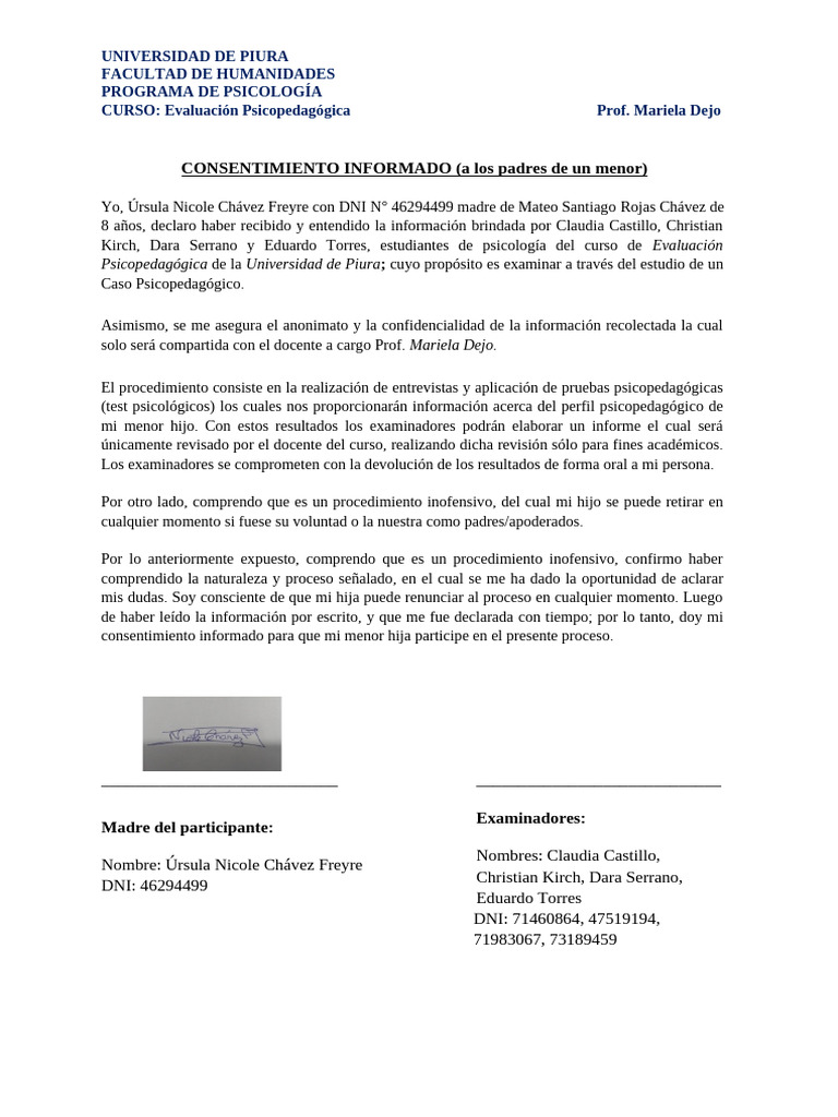 Consentimiento Informado Psicopedagógico | PDF
