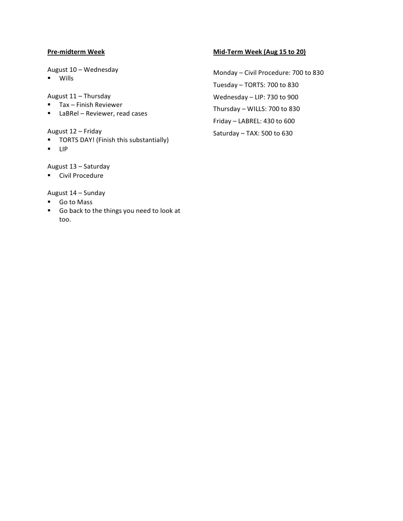 Pre-Midterm Study Schedule Overview | PDF