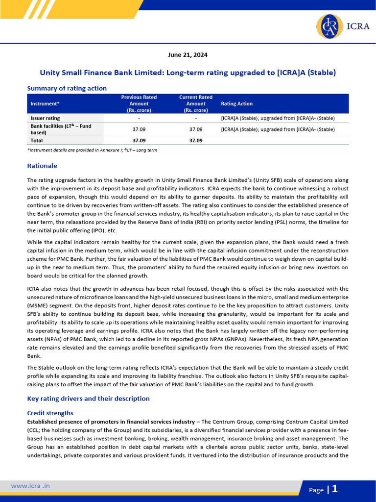 Unity Small Finance Bank Rating Upgrade | PDF | Banks | Microfinance
