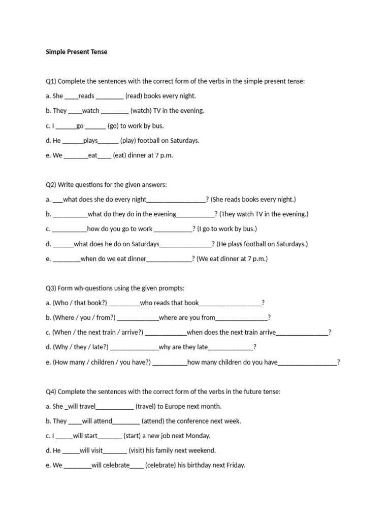 Simple Present Tense Exercises | PDF | Grammatical Tense | Linguistic ...