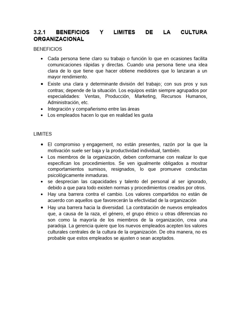 3.2.1 Beneficios Y Limites de La Cultura Organizacional | PDF