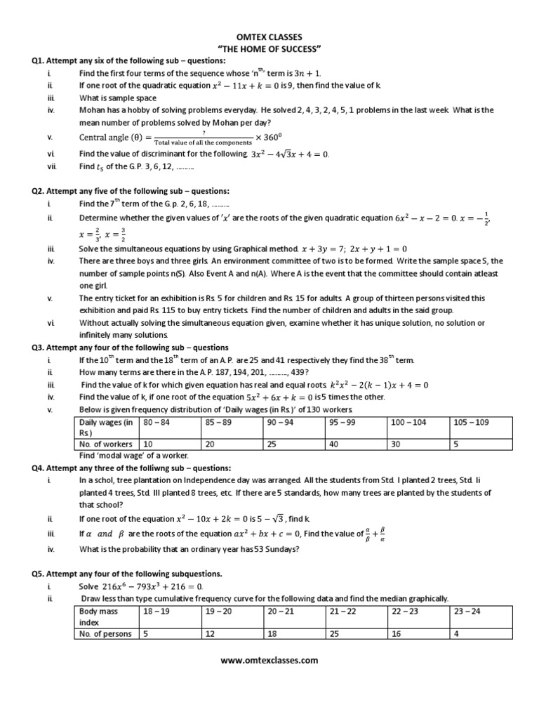 Algebra Question Paper For Board Exam 2 Equations Quadratic Equation