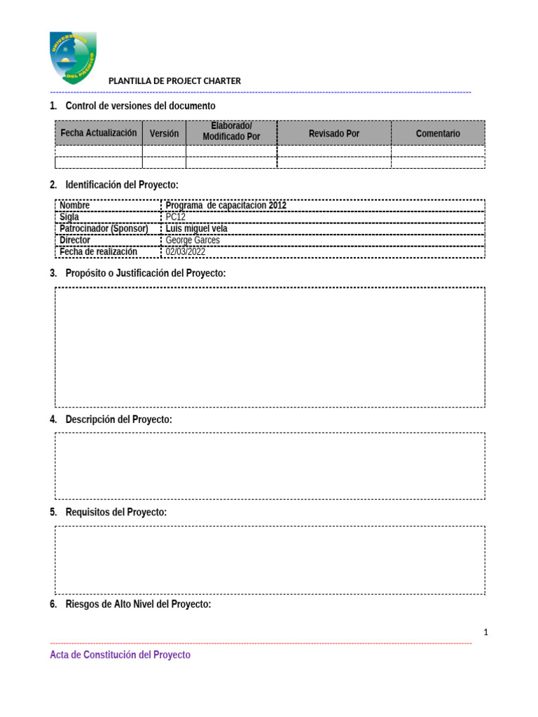 Plantilla de Acta de Constitución del Proyecto | PDF