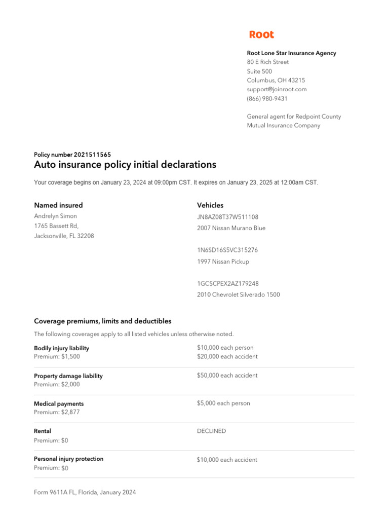 Root Insurance Policy Details for Andrelyn Simon | PDF | Insurance ...