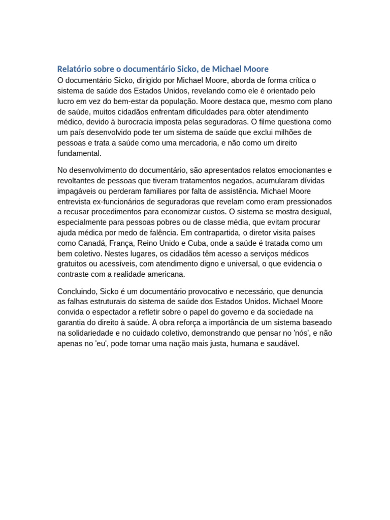 Relatorio Sicko Michael Moore PDF