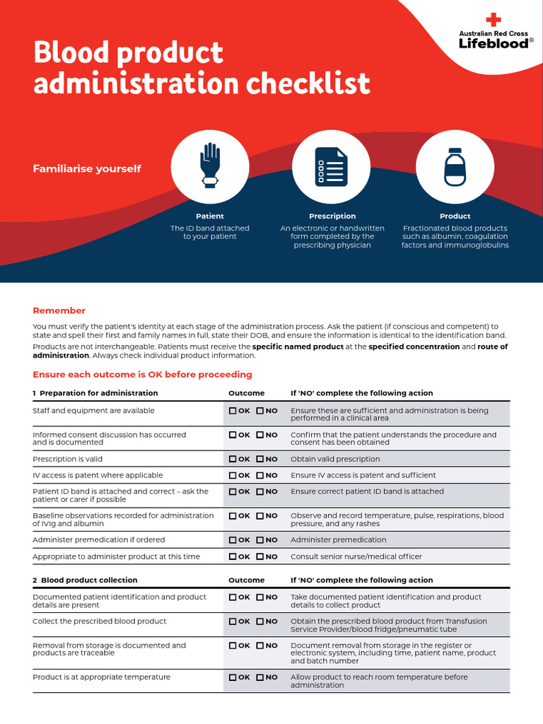 Blood Product Administration Checklist PDF Intravenous Therapy