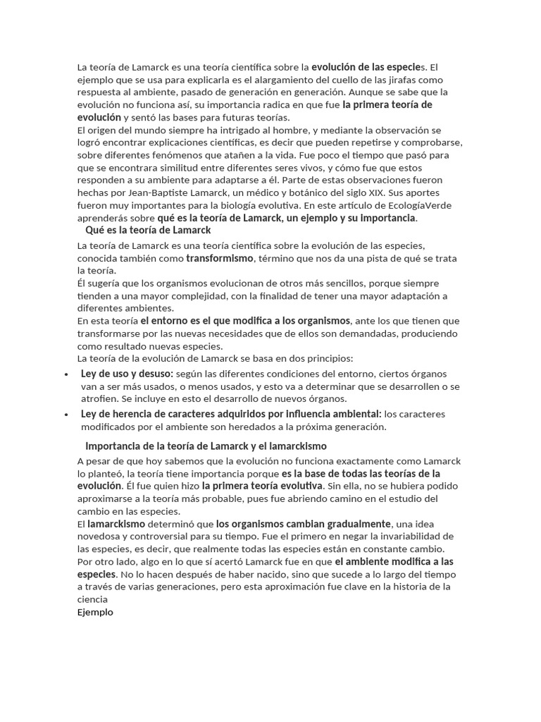 La Teoría de Lamarck Es Una Teoría Científica Sobre La | PDF ...