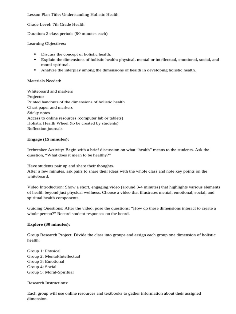 Holistic Health Lesson for 7th Grade | PDF | Well Being | Lesson Plan
