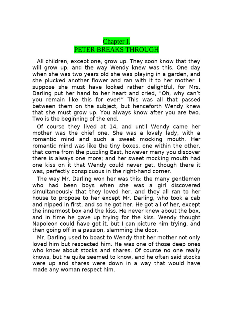 Peter Pan: Chapter I Overview | PDF | Peter Pan | Neverland