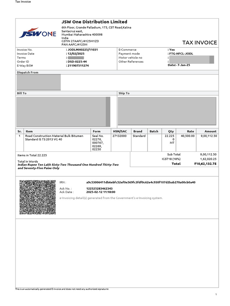 JODL Tax Invoice - ₹10,62,132.75 | PDF | Payments | Taxes