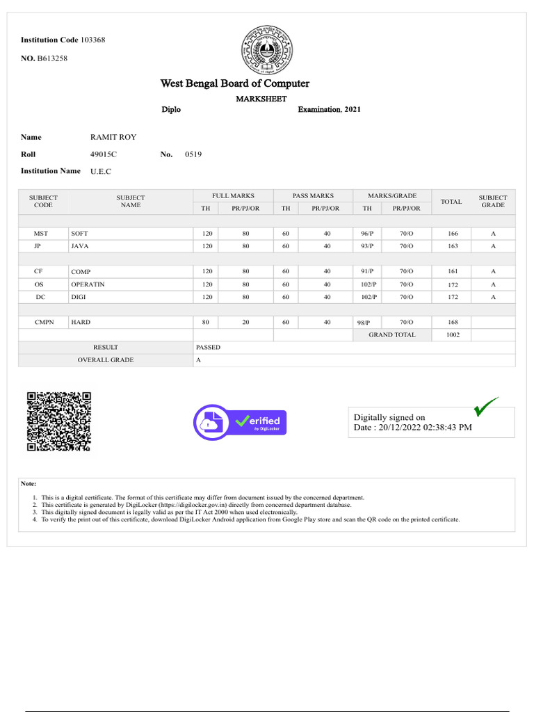 Diploma Marksheet for Computer Engineering | PDF | Computer Engineering ...