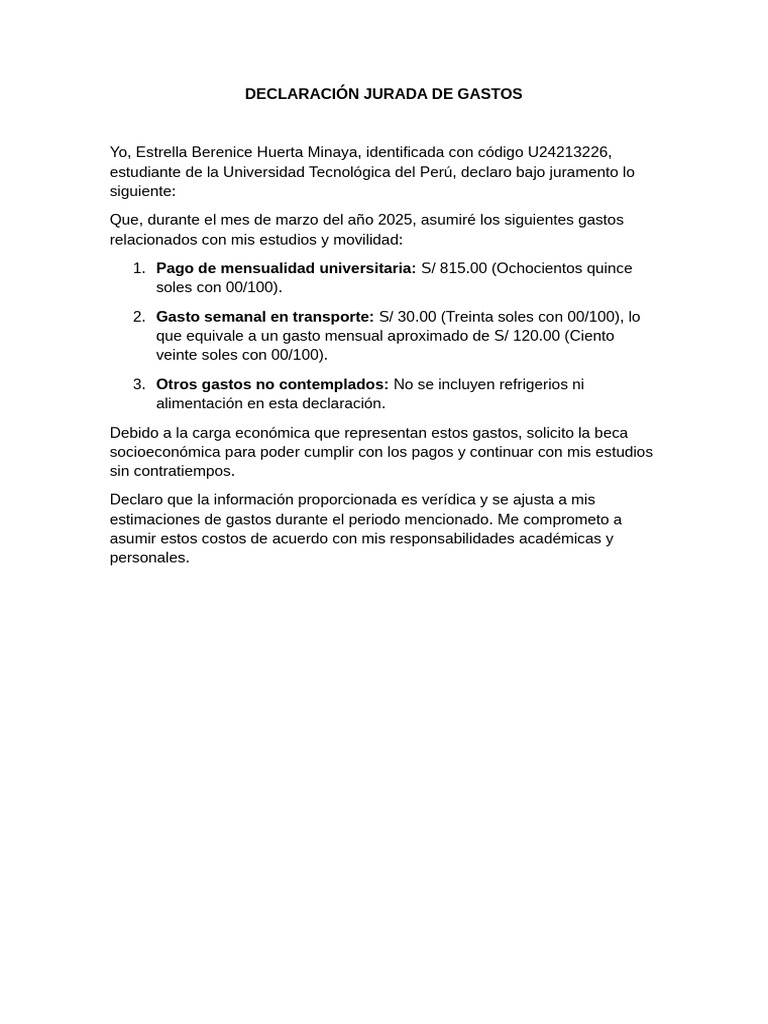 Declaración Jurada de Gastos Estudiantiles | PDF