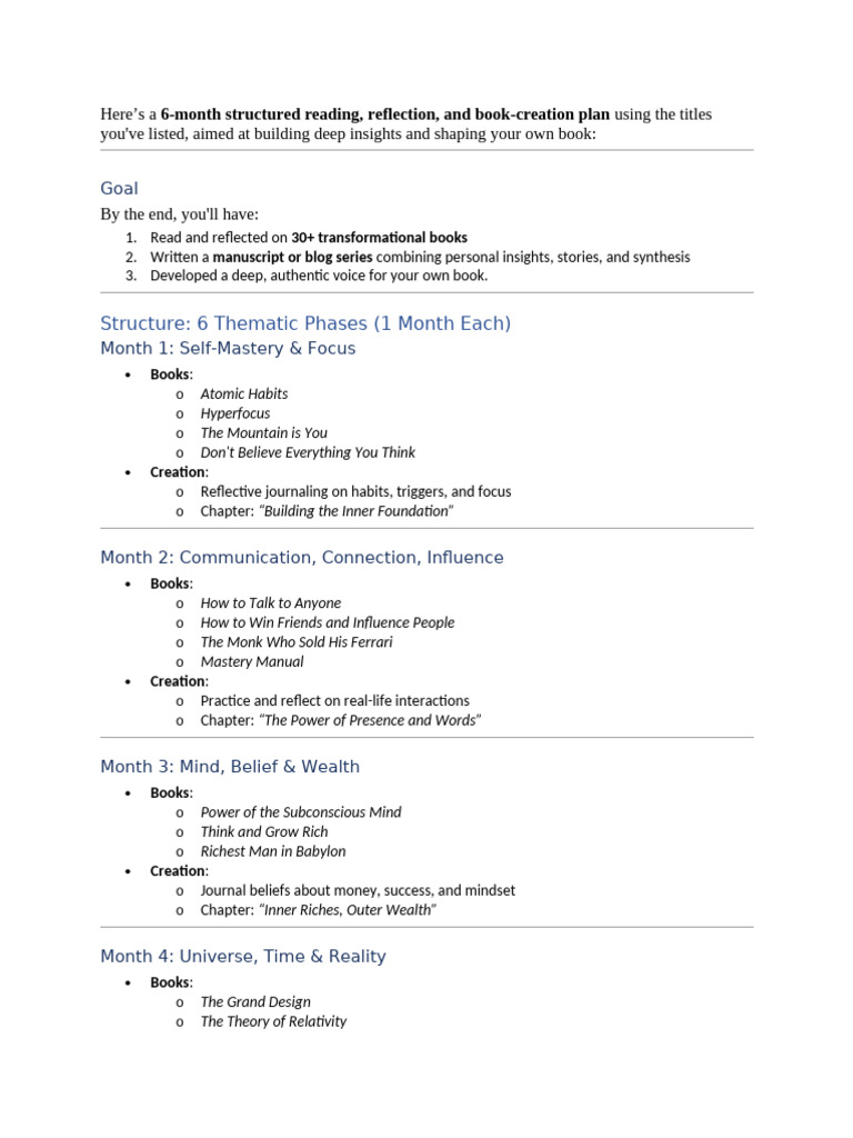 6-Month Book Creation & Reflection Plan | PDF | Mind