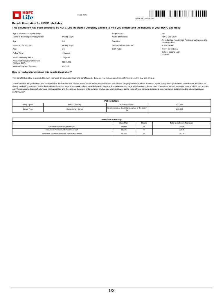 HDFC Life Uday Benefit Illustration | PDF | Insurance | Life Insurance