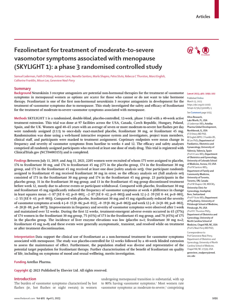 Samuel Lederman Fezolinetant For Treatment of Moderate | PDF | Clinical ...