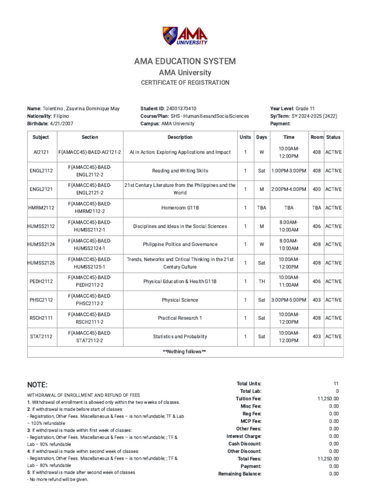 AMA University SHS Enrollment Details | PDF