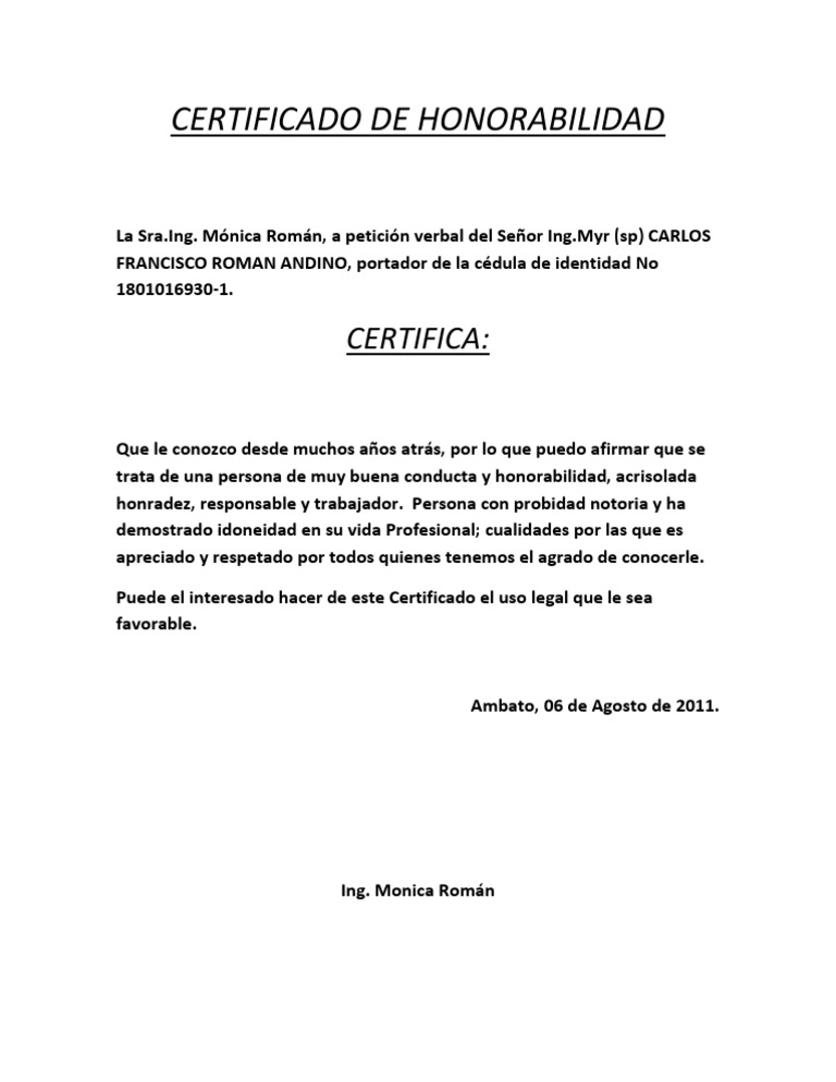 Formato de Certificado de Honorab