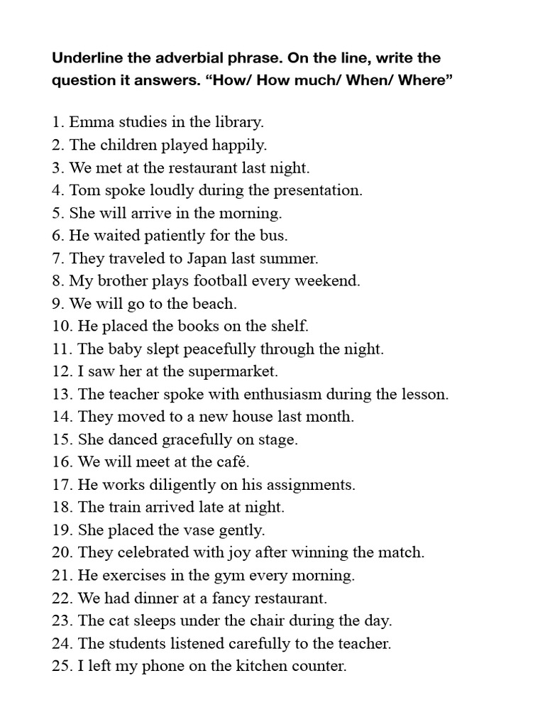 Adverbial Phrases Practices | PDF