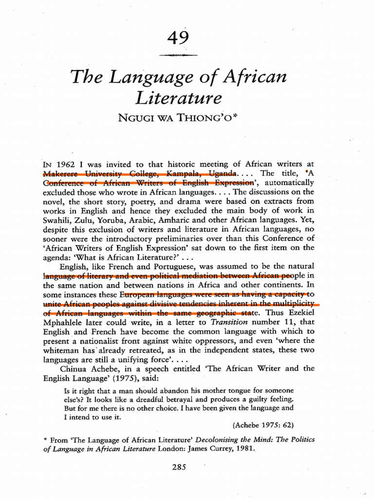 Ngugi Excerpts Language of African Lit (1) | PDF