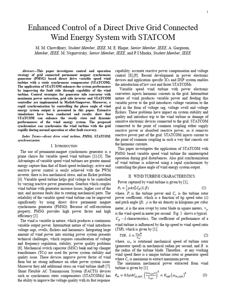 STATCOM-Enhanced PMSG Wind Turbine Control | PDF | Electrical Grid ...