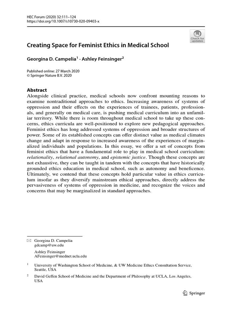 Creating Space For Feminist Ethics in Medical School: Georgina D ...