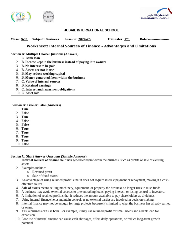 Answers G-11-Internal Sources of Finance WorkSheet 1 | PDF