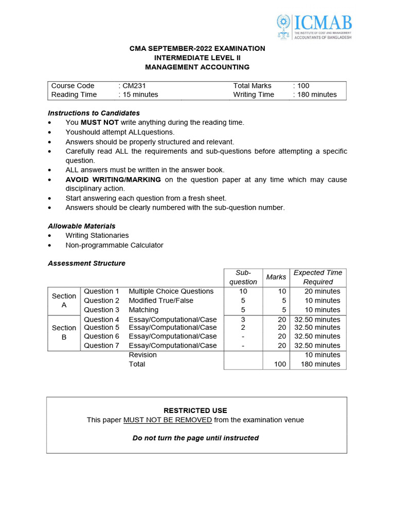CMA September 2022 Management Accounting Exam | PDF | Management ...