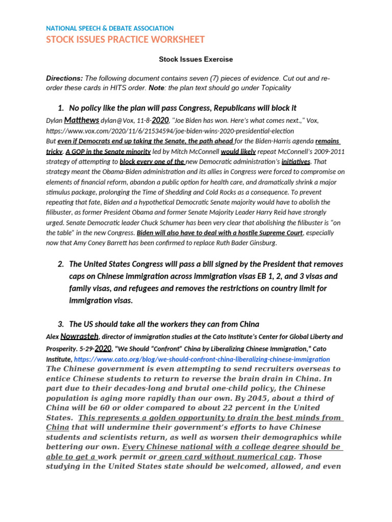 Stock Issues Worksheet for Debate Practice | PDF | Artificial ...
