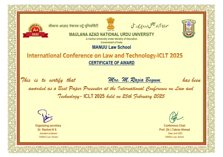 ICLT 2025 Best Paper Award: Razia Begum | PDF