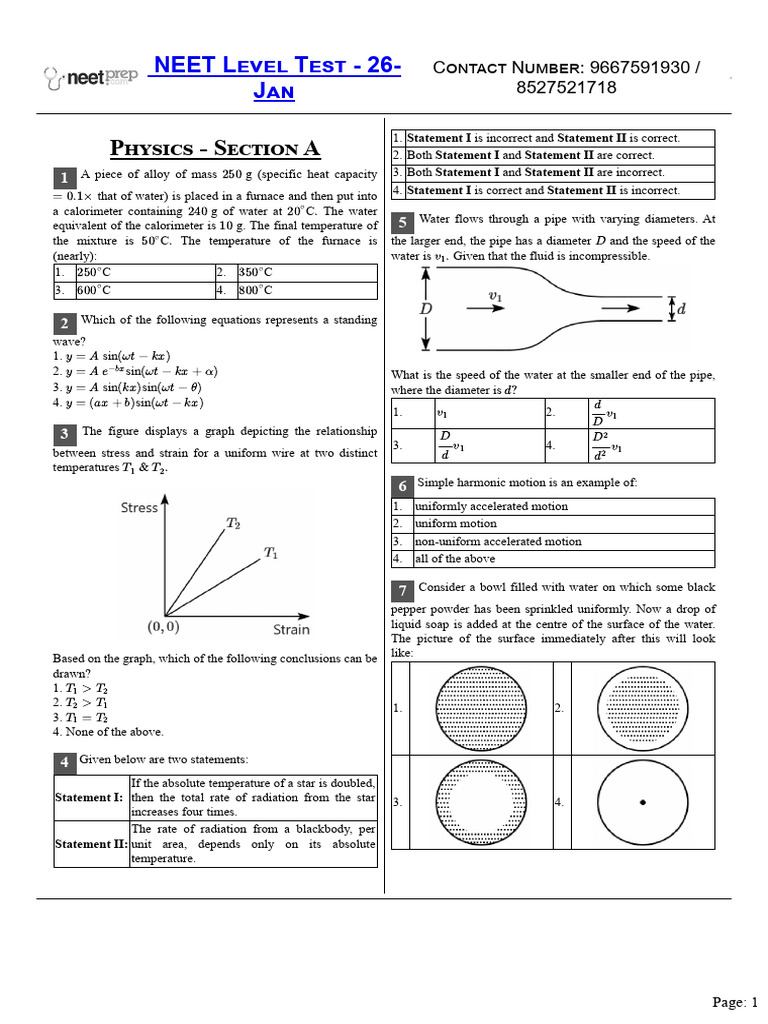 NEET Physics Practice Questions | PDF | Gases | Elasticity (Physics)