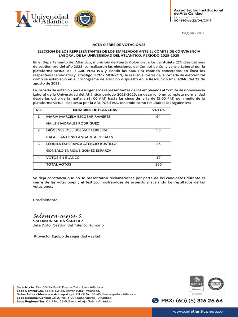 Acta de Cierre Votaciones COCOLA 2023 2025 | PDF