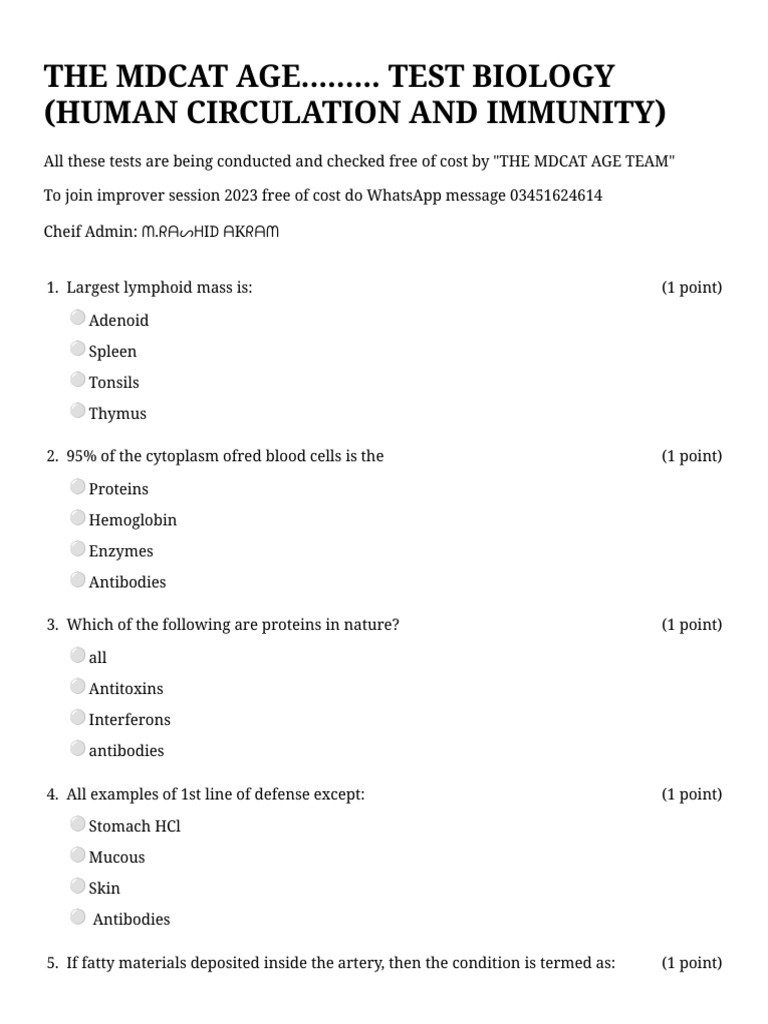 THE MDCAT AGE......... TEST BIOLOGY (HUMAN CIRCULATION AND IMMUNITY) (1 ...