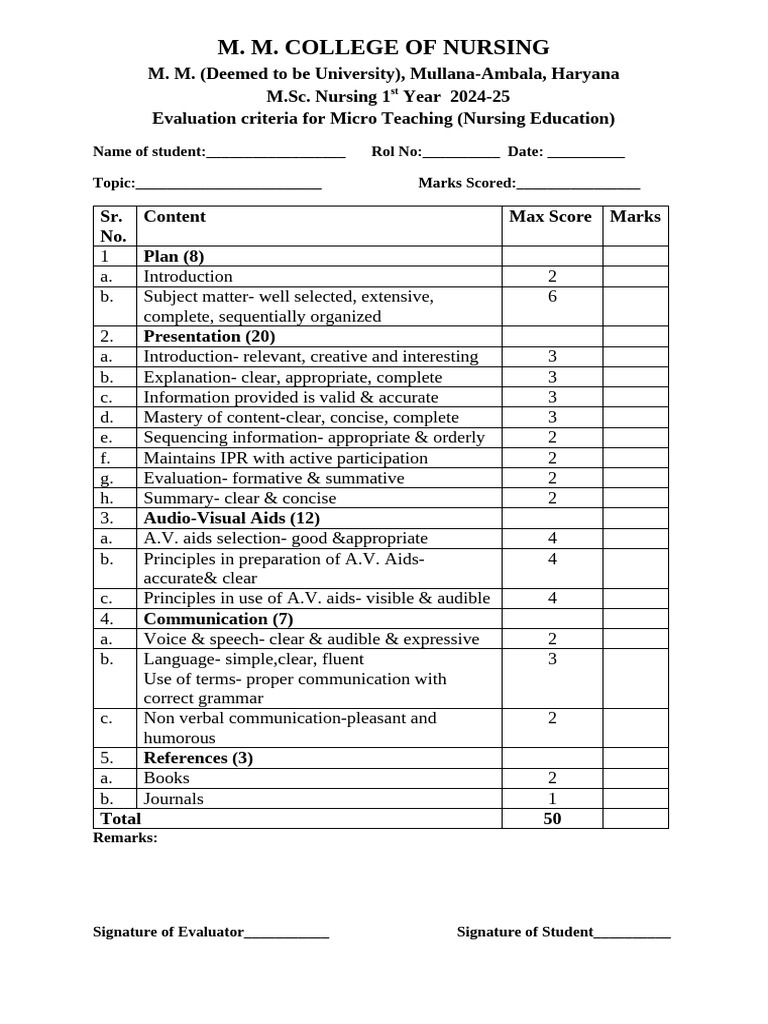 Microteaching Evaluation Criteria | PDF