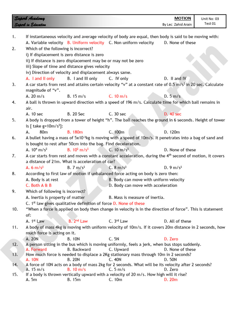 Physics Motion Test Questions | PDF | Force | Acceleration