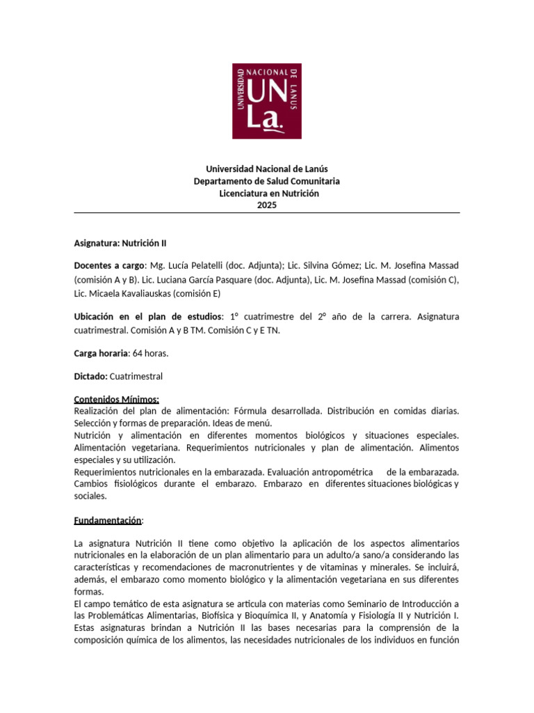Plan de Estudio Nutrición II UNLa 2025 | PDF | Nutrición | Dieta y ...