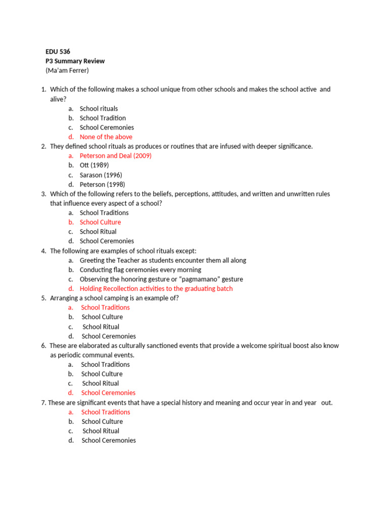 Edu 536 p3 Test Questions - Ferrer | PDF | Traditions | Rituals