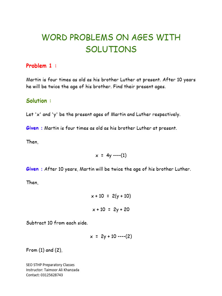 Age Word Problems with Solutions | PDF | Mathematics