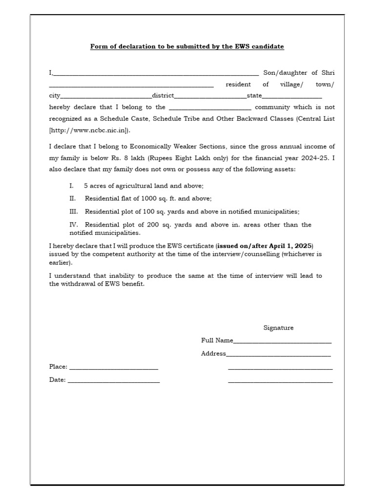 EWS Self Declaration Form 2024-25 | PDF