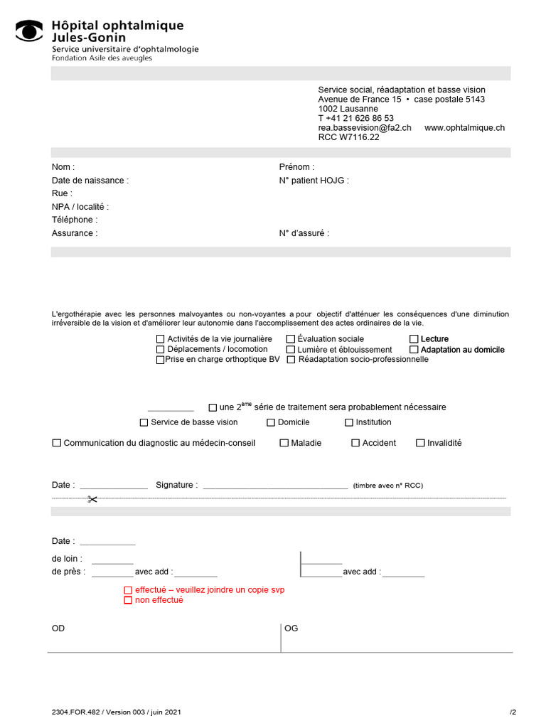 Ordonnance Ergoth rapie Basse Vision PDF Maladies Et Troubles 